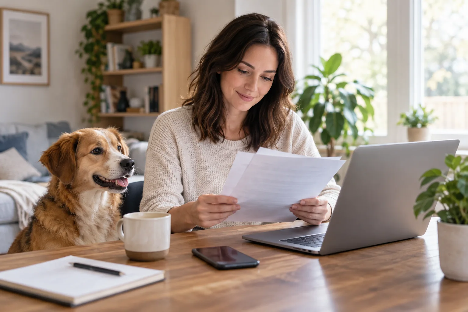 Owner reviewing insurance documents beside a dog at home