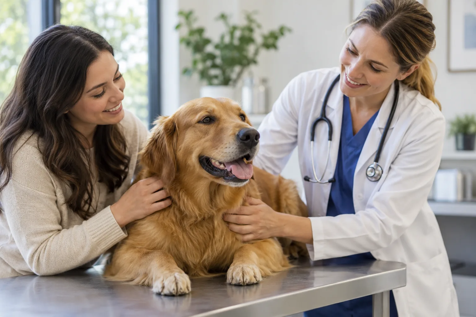 Veterinarian examining a dog while its owner sits alongside